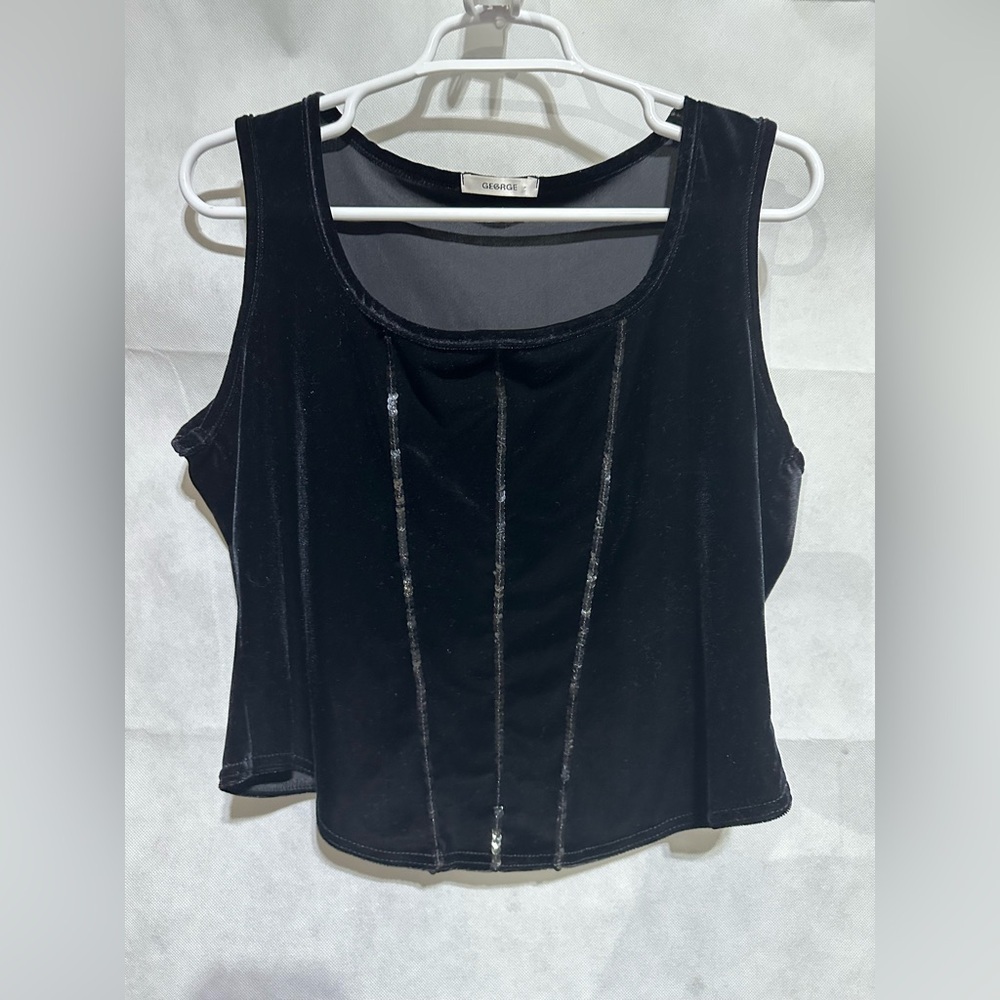 Vintage George 12 Corset Top Black Sequin Velvet Y2K Whimsigoth Grunge Coquette